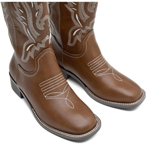 kkdom Women Brown Cowboy Square Toe Western Cowgirl Mid Calf Boot - Picture 5 of 8